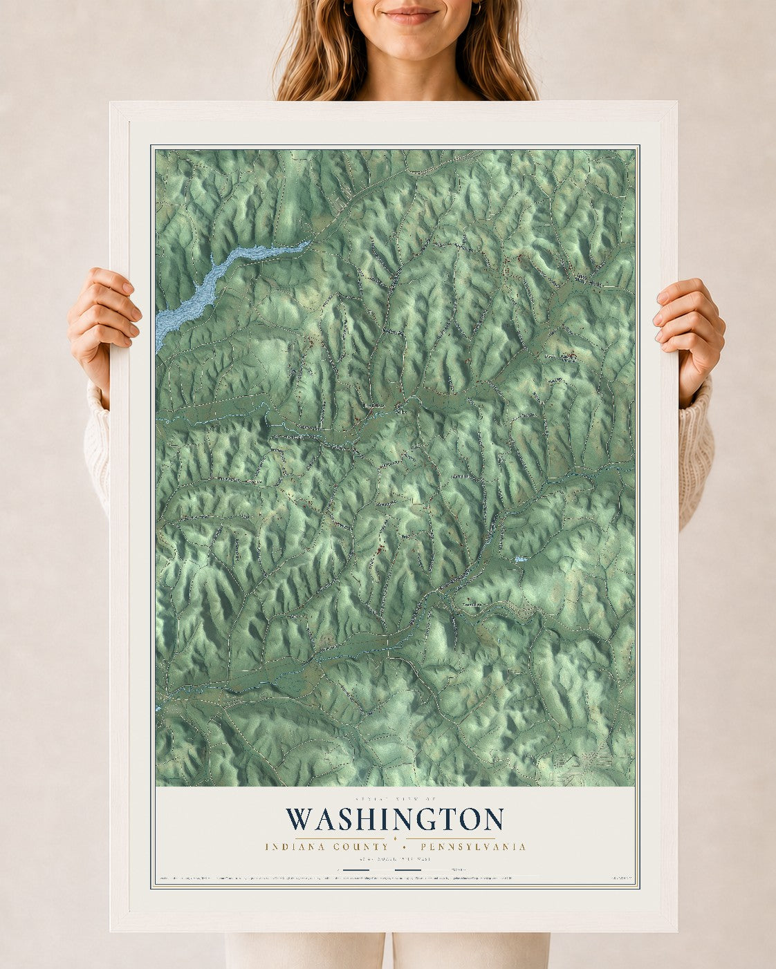 Map of Washington, Indiana County, Pennsylvania, 24 x 36 inch print in a white wood frame