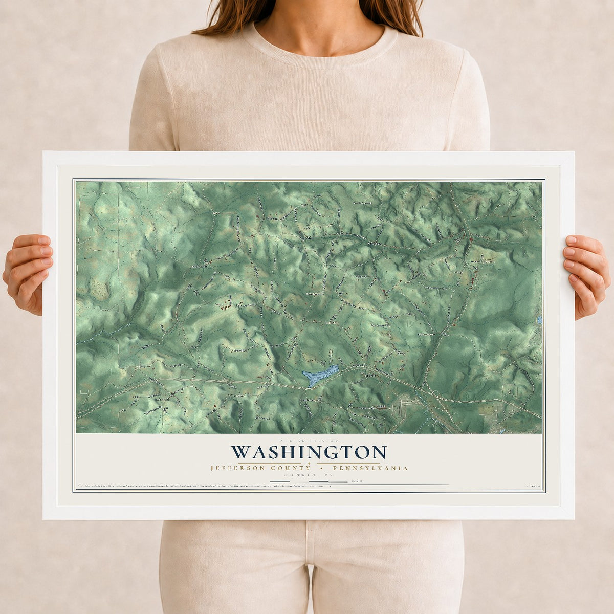 Map of Washington, Jefferson County, Pennsylvania, 12 x 18 inch print in a white wood frame