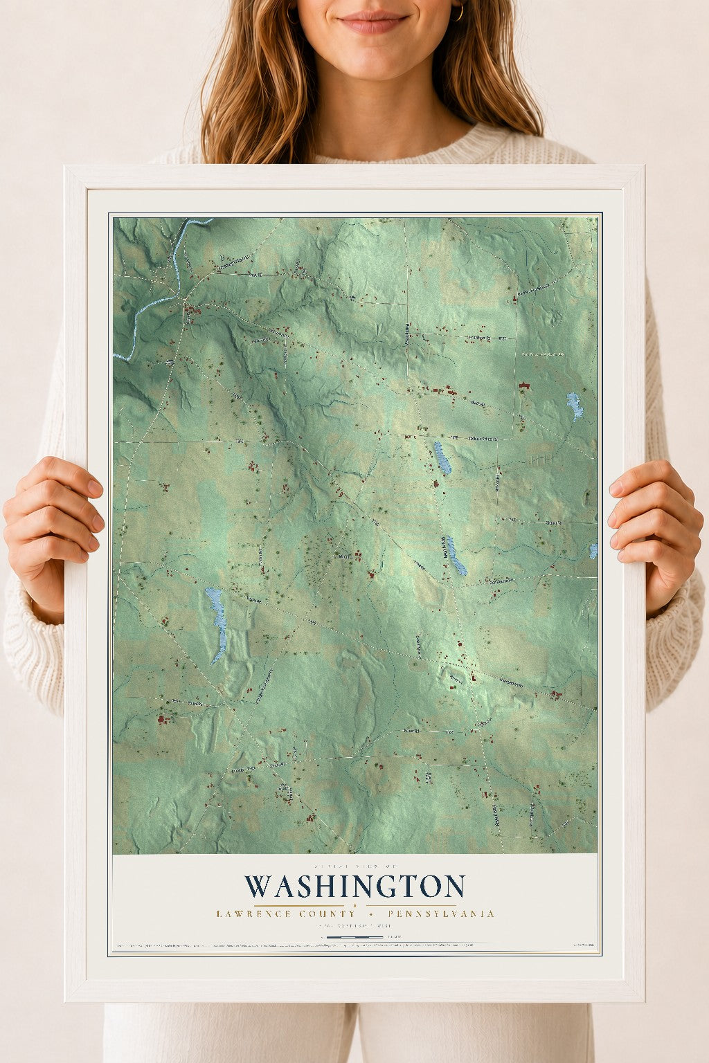 Map of Washington, Lawrence County, Pennsylvania, 18 x 24 inch print in a white wood frame