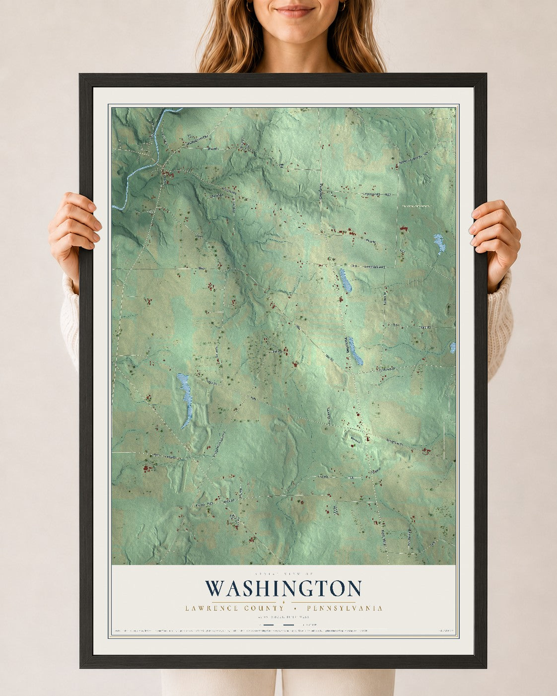 Map of Washington, Lawrence County, Pennsylvania, 24 x 36 inch print in a black wood frame