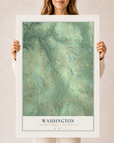 Map of Washington, Lawrence County, Pennsylvania, 24 x 36 inch print in a white wood frame