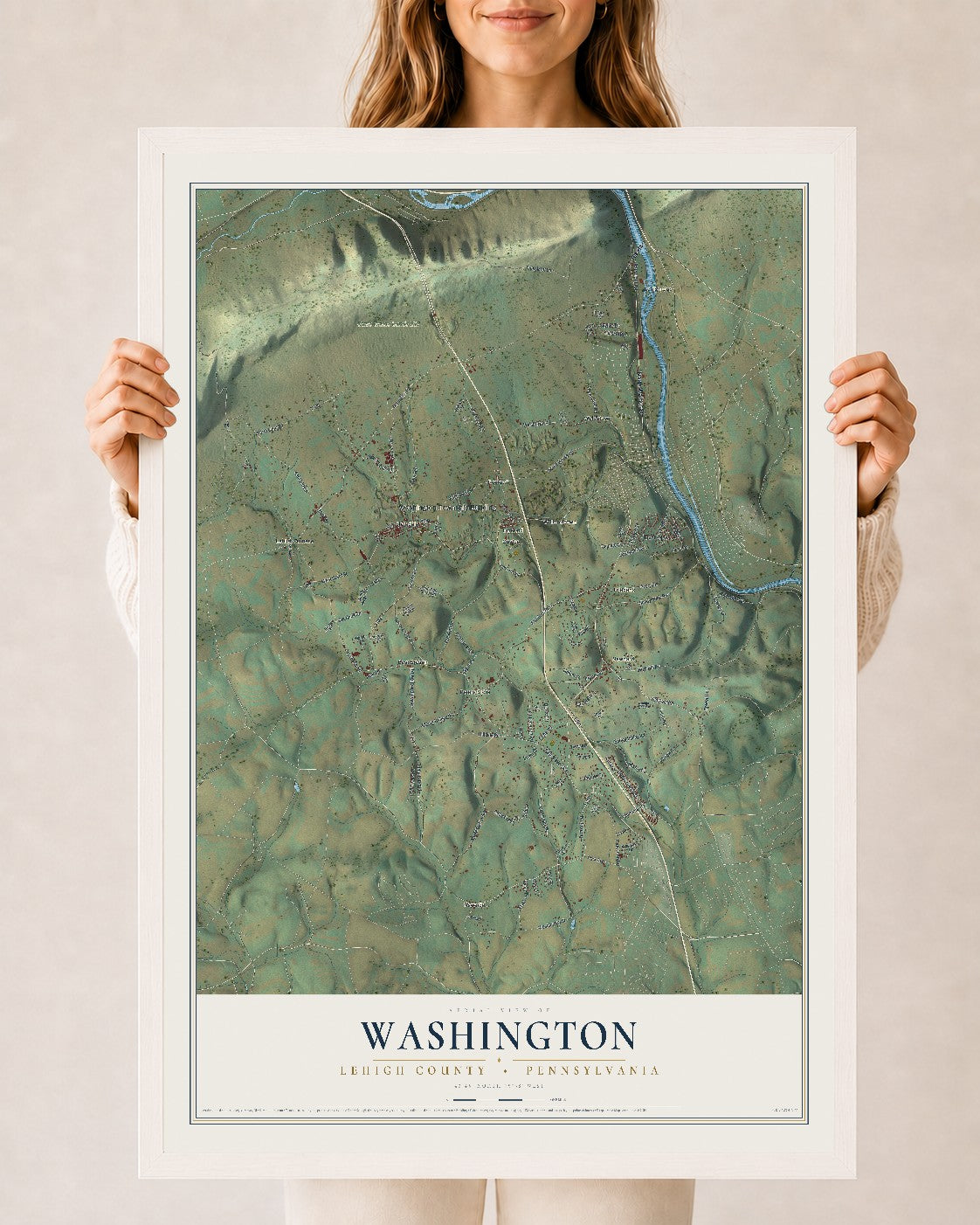 Map of Washington, Lehigh County, Pennsylvania, 24 x 36 inch print in a white wood frame