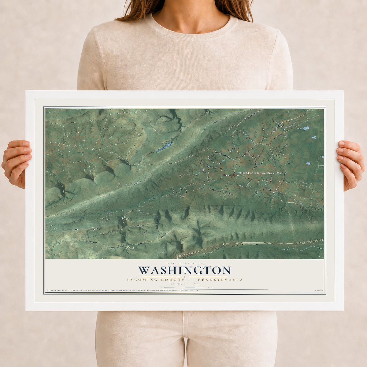 Map of Washington, Lycoming County, Pennsylvania, 12 x 18 inch print in a white wood frame