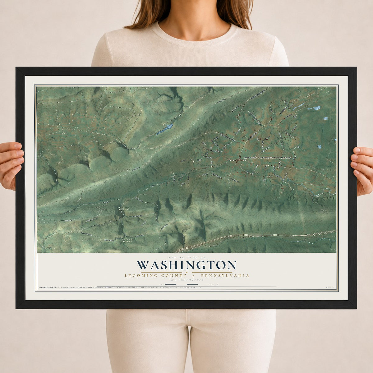Map of Washington, Lycoming County, Pennsylvania, 18 x 24 inch print in a black wood frame