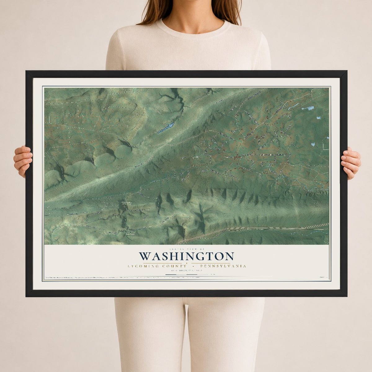 Map of Washington, Lycoming County, Pennsylvania, 24 x 36 inch print in a black wood frame