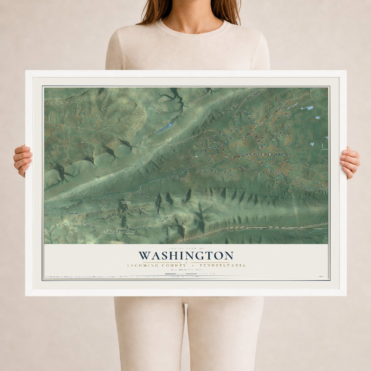 Map of Washington, Lycoming County, Pennsylvania, 24 x 36 inch print in a white wood frame