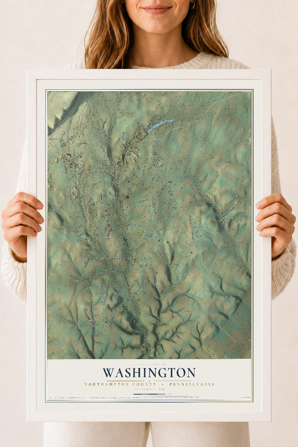 Map of Washington, Northampton County, Pennsylvania, 18 x 24 inch print in a white wood frame