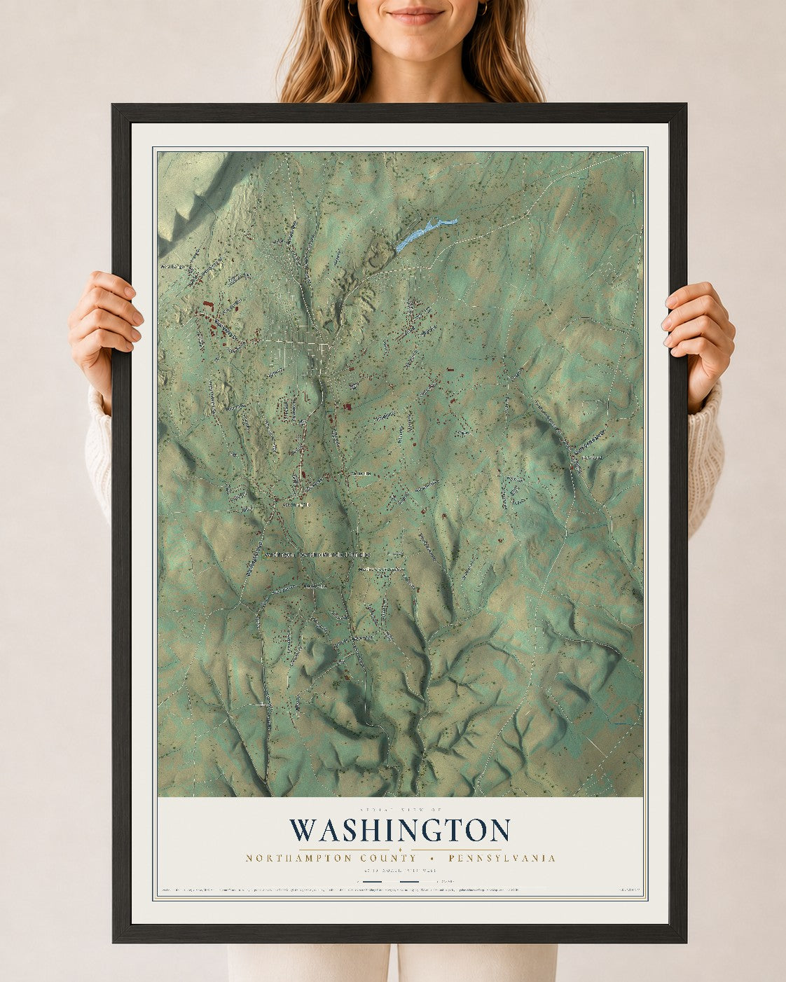Map of Washington, Northampton County, Pennsylvania, 24 x 36 inch print in a black wood frame