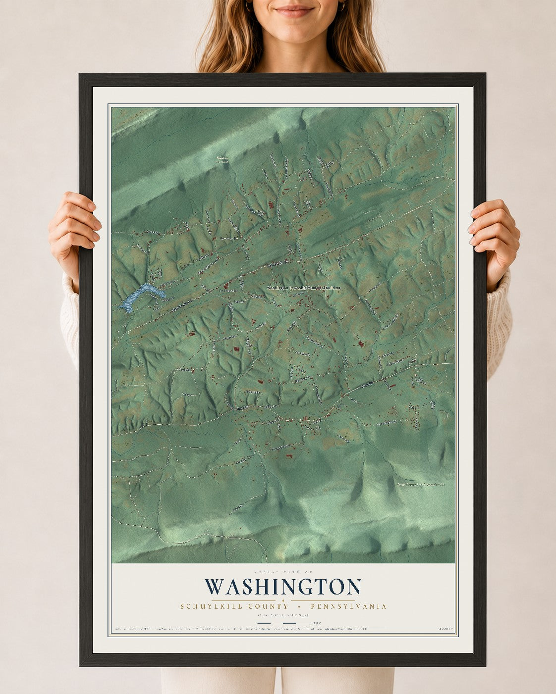 Map of Washington, Schuylkill County, Pennsylvania, 24 x 36 inch print in a black wood frame