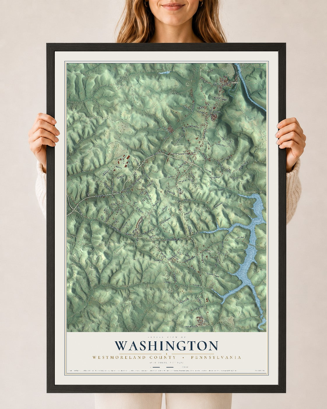 Map of Washington, Westmoreland County, Pennsylvania, 24 x 36 inch print in a black wood frame