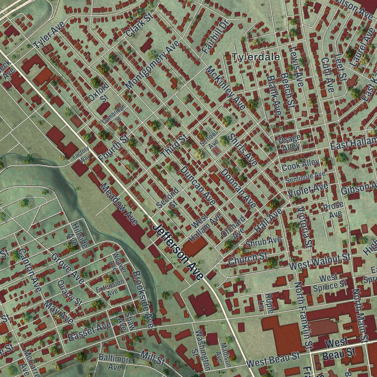 Close-up of the map of Washington, Washington County, Pennsylvania print showing street and building detail