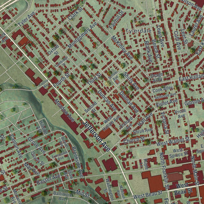 Close-up of the map of Washington, Washington County, Pennsylvania print showing street and building detail