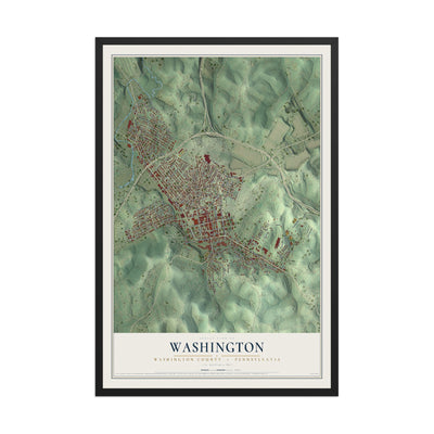 Map of Washington, Washington County, Pennsylvania, 12 x 18 inch print in a black wood frame