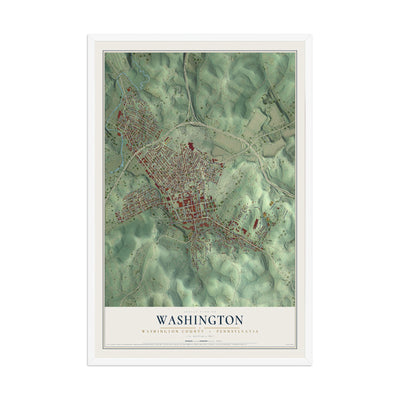 Map of Washington, Washington County, Pennsylvania, 12 x 18 inch print in a white wood frame