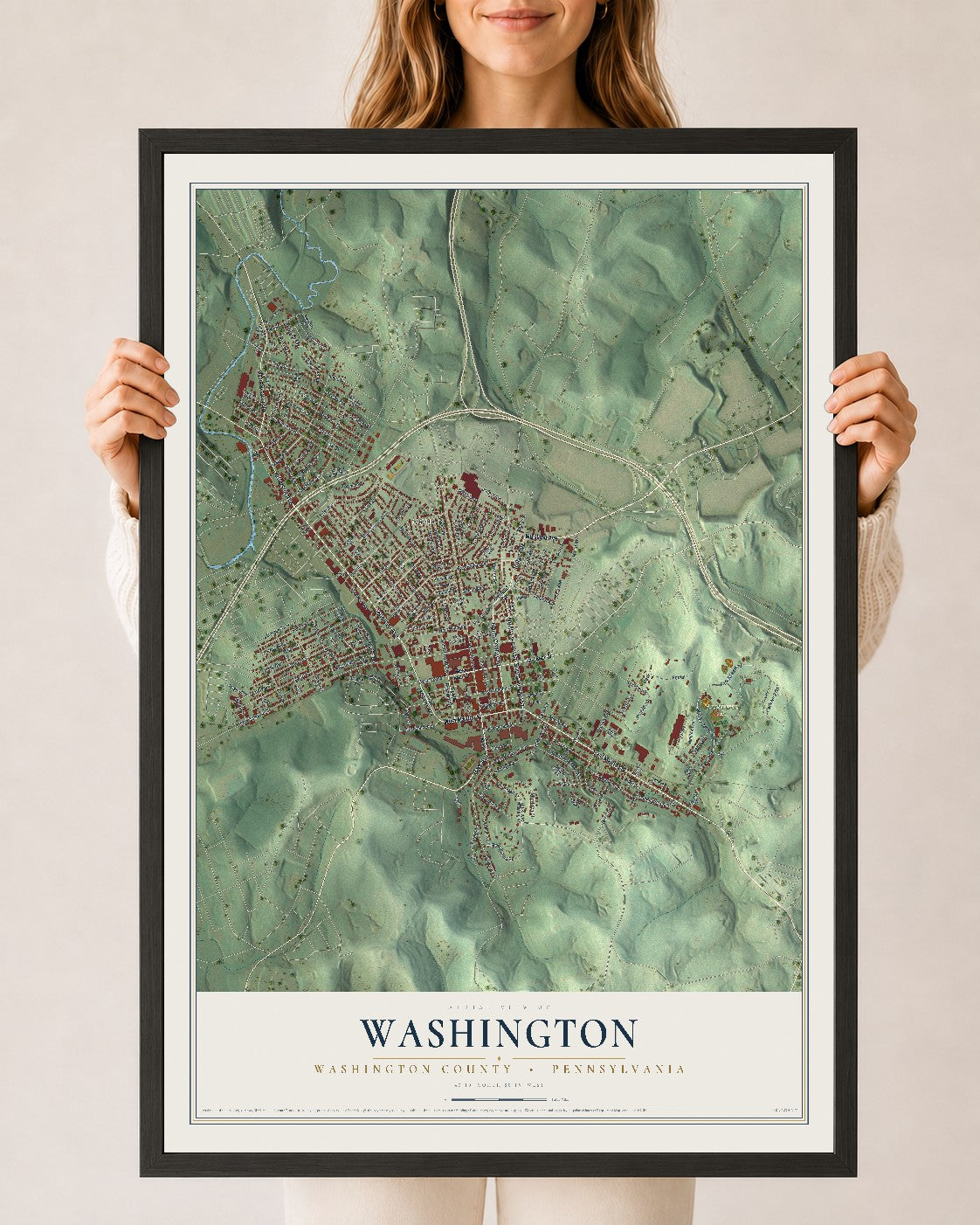 Map of Washington, Washington County, Pennsylvania, 24 x 36 inch print in a black wood frame
