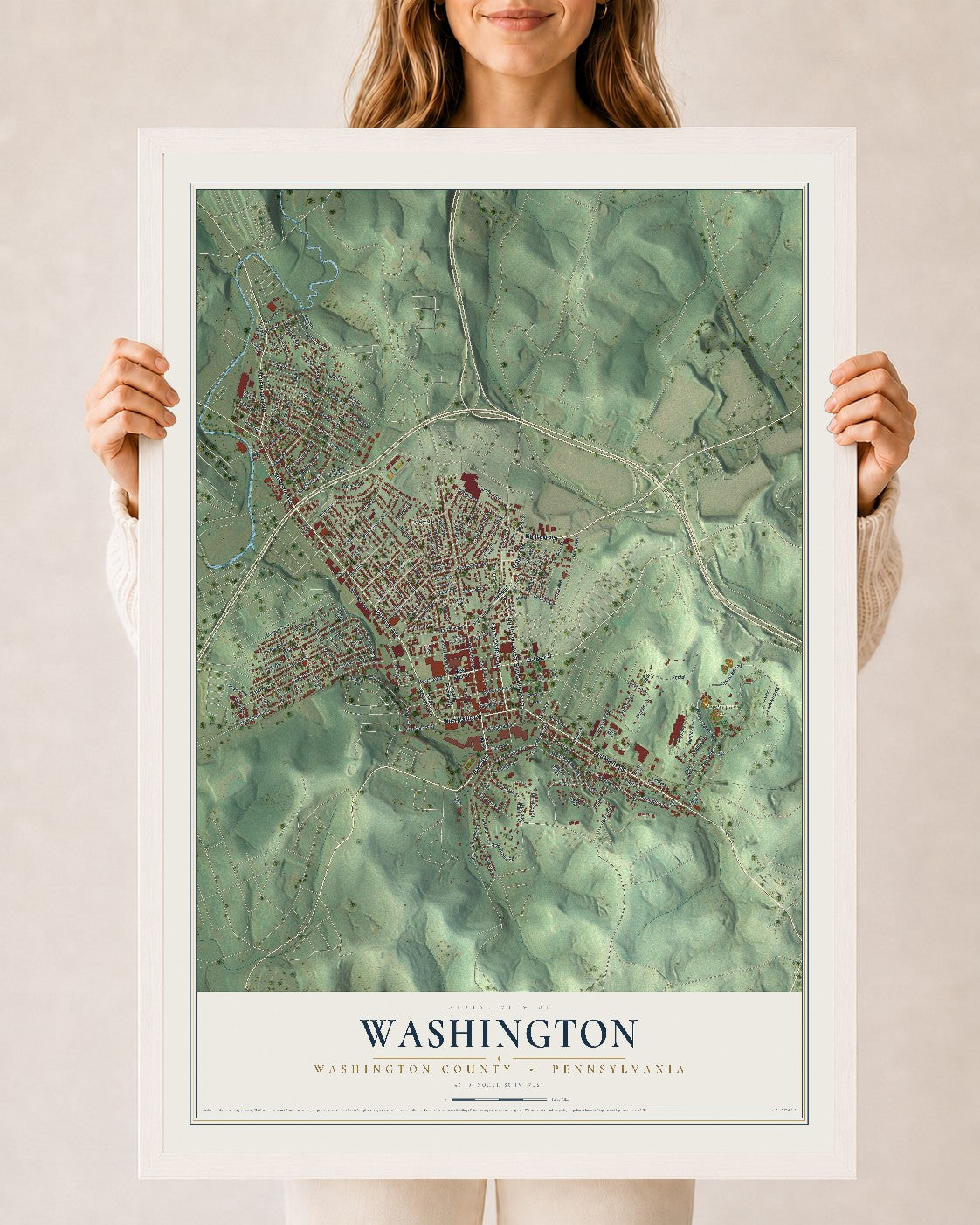 Map of Washington, Washington County, Pennsylvania, 24 x 36 inch print in a white wood frame