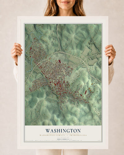 Map of Washington, Washington County, Pennsylvania, 24 x 36 inch print in a white wood frame