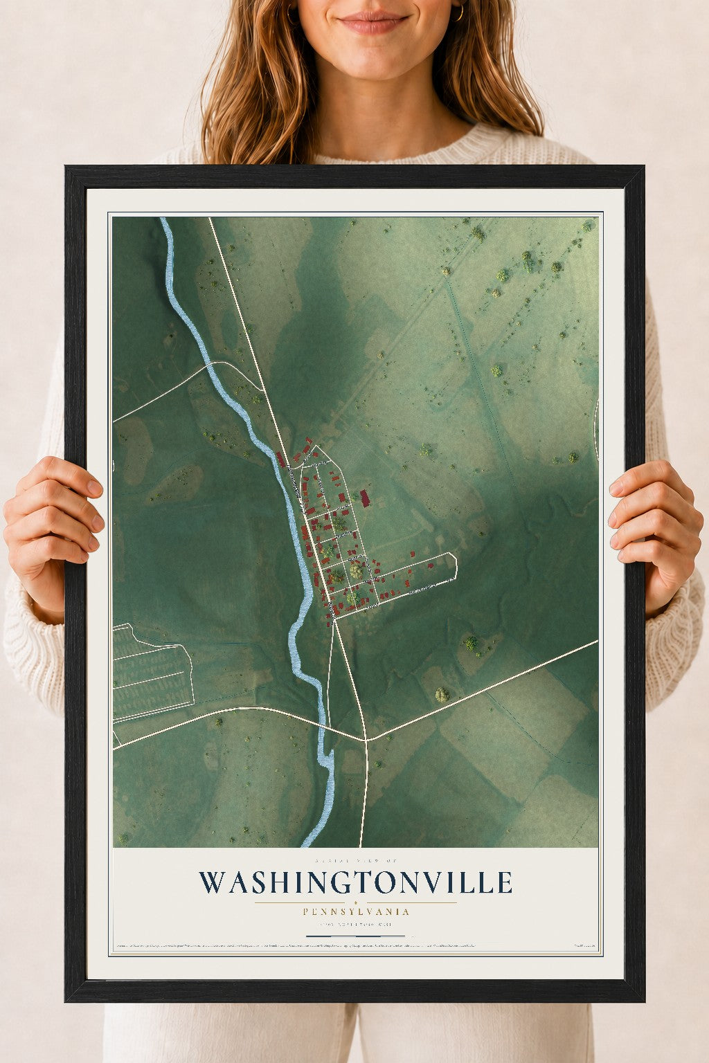 Map of Washingtonville, Pennsylvania, 18 x 24 inch print in a black wood frame
