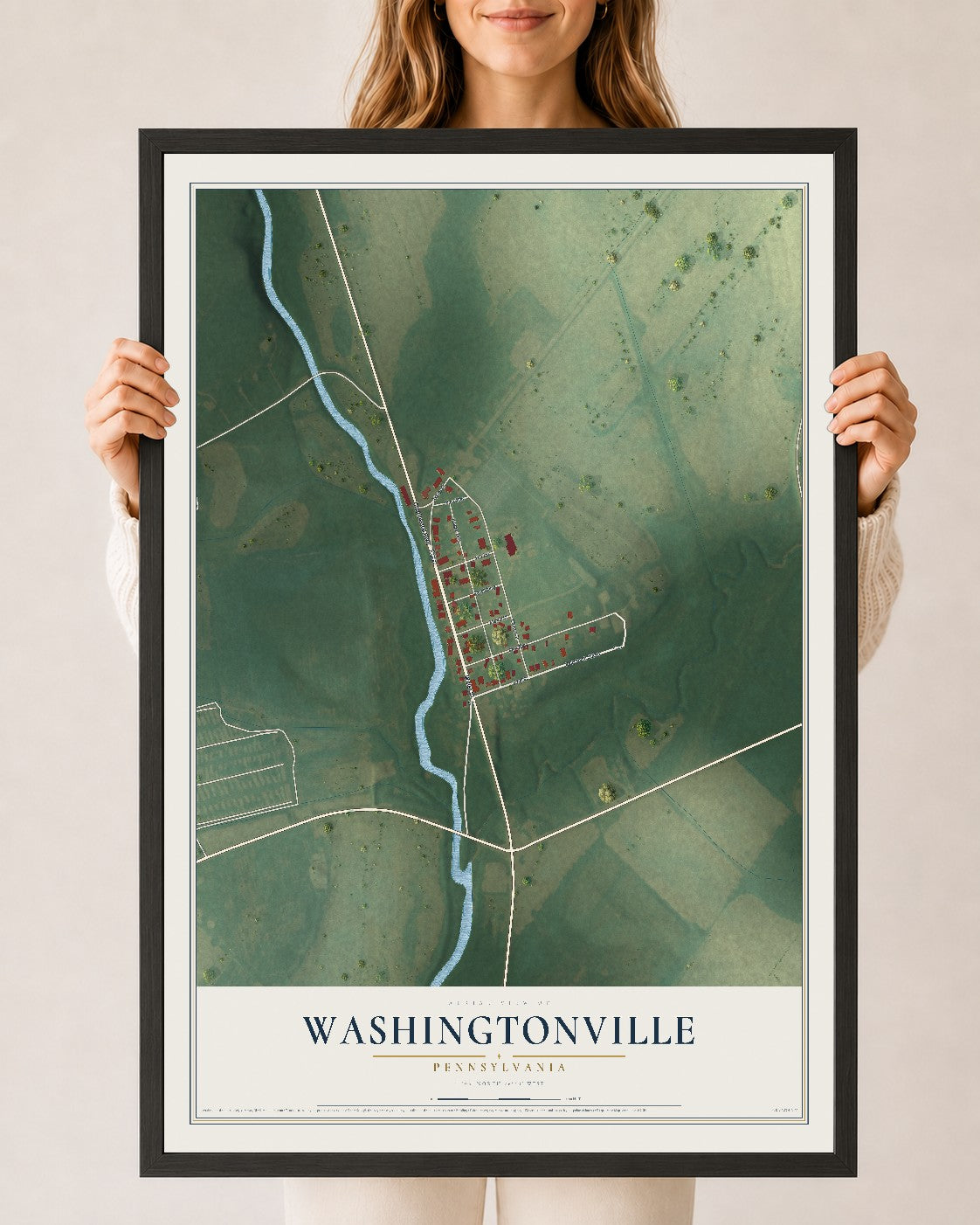 Map of Washingtonville, Pennsylvania, 24 x 36 inch print in a black wood frame