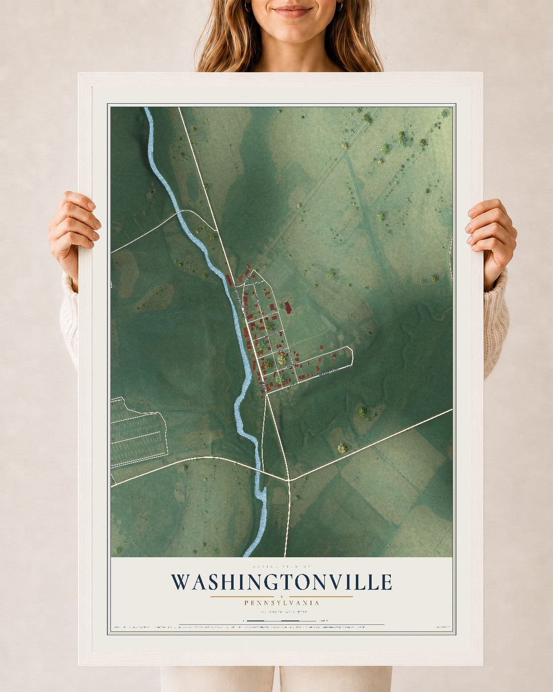 Map of Washingtonville, Pennsylvania, 24 x 36 inch print in a white wood frame