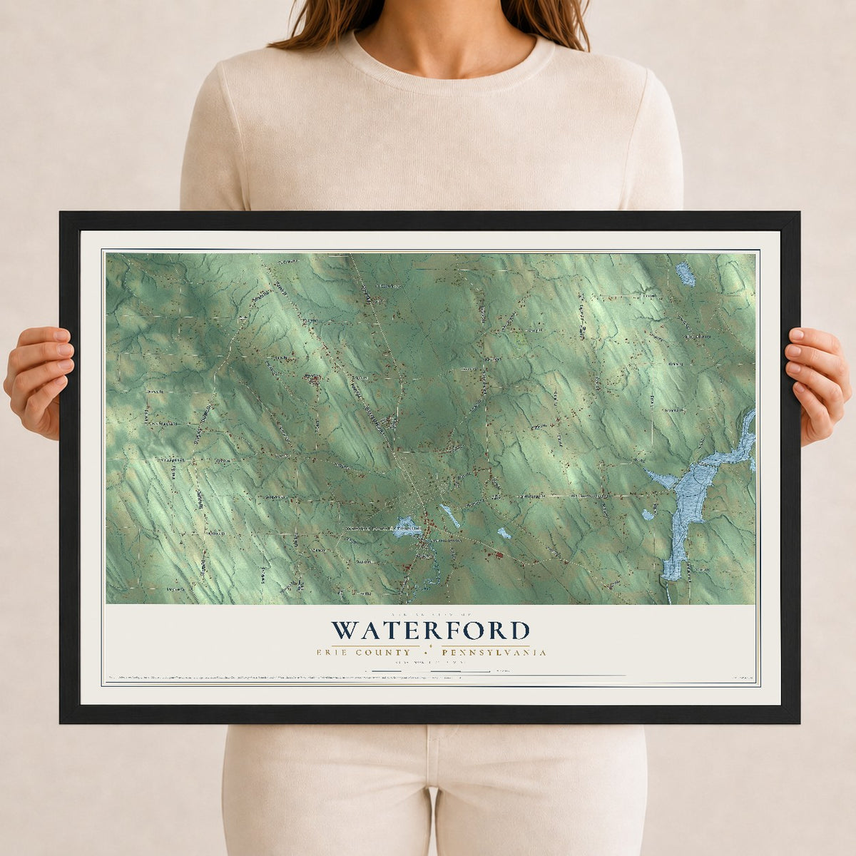 Map of Waterford, Erie County, Pennsylvania, 12 x 18 inch print in a black wood frame