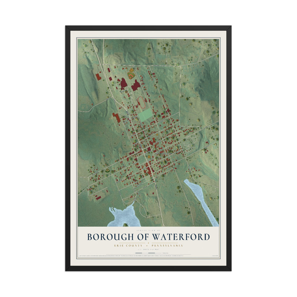 Map of the Borough of Waterford, Erie County, Pennsylvania, 12 x 18 inch print in a black wood frame