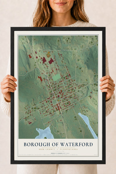 Map of the Borough of Waterford, Erie County, Pennsylvania, 18 x 24 inch print in a black wood frame
