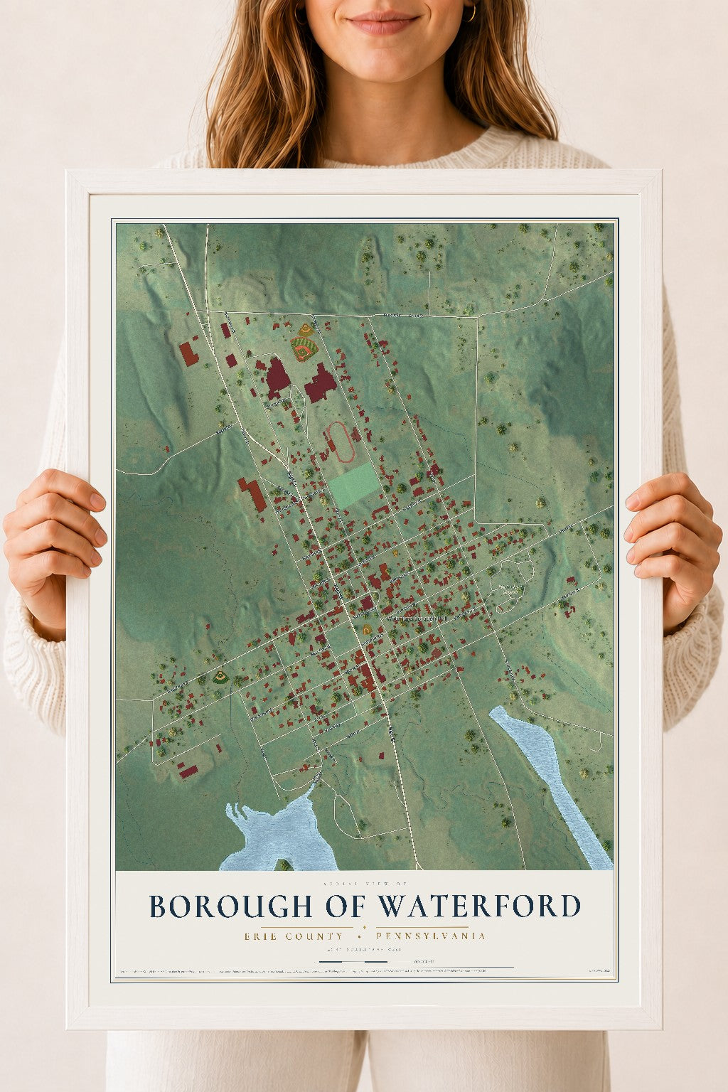 Map of the Borough of Waterford, Erie County, Pennsylvania, 18 x 24 inch print in a white wood frame
