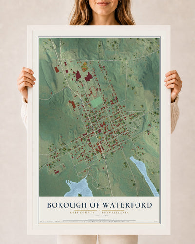 Map of the Borough of Waterford, Erie County, Pennsylvania, 24 x 36 inch print in a white wood frame