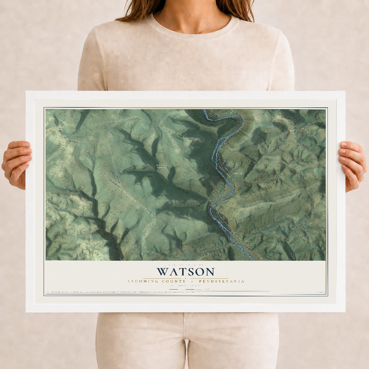 Map of Watson, Lycoming County, Pennsylvania, 12 x 18 inch print in a white wood frame
