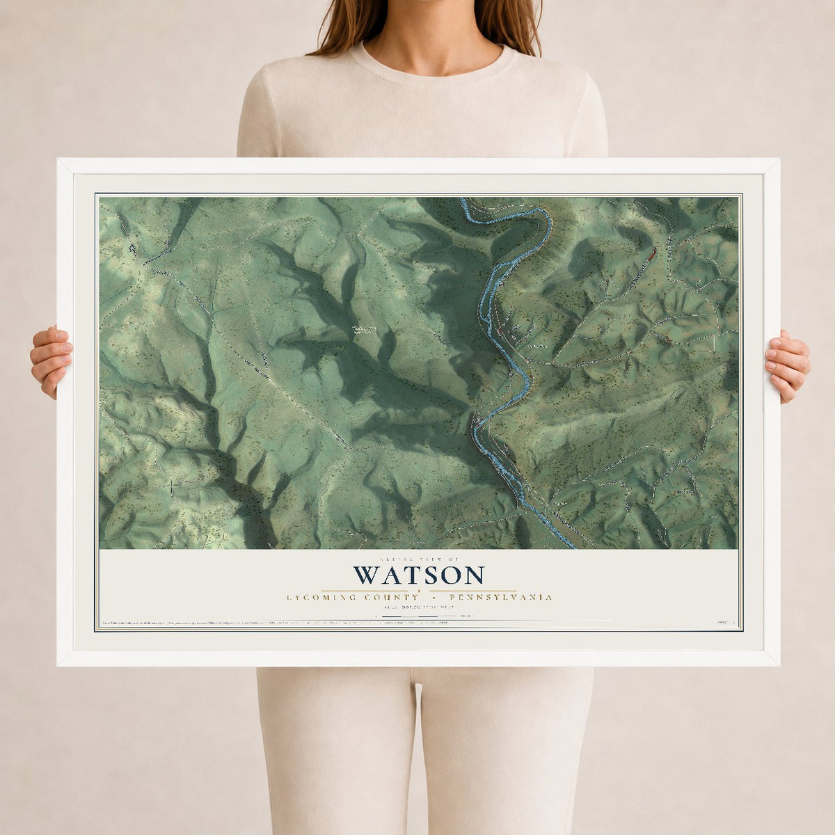 Map of Watson, Lycoming County, Pennsylvania, 24 x 36 inch print in a white wood frame
