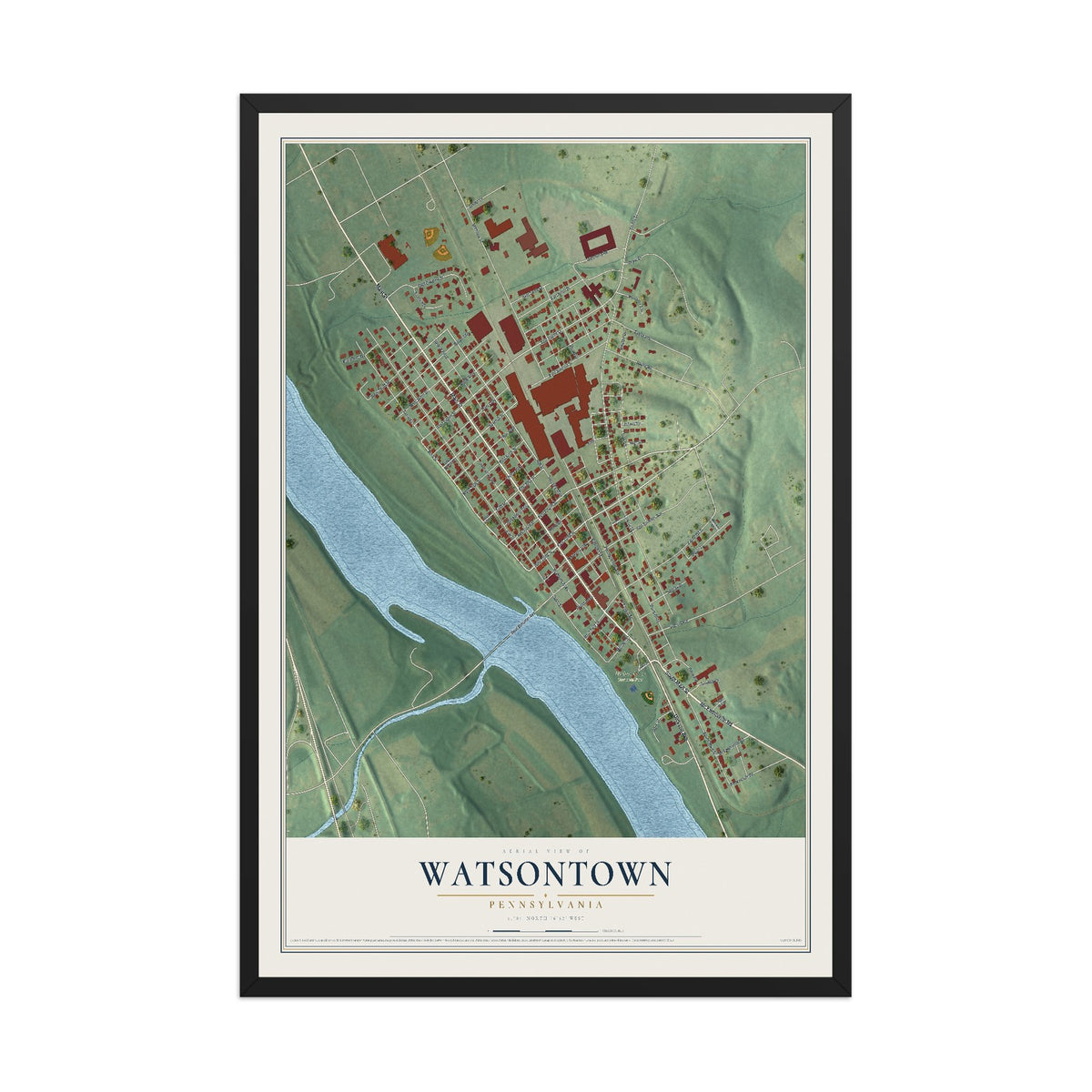 Map of Watsontown, Pennsylvania, 12 x 18 inch print in a black wood frame
