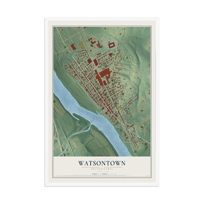 Map of Watsontown, Pennsylvania, 12 x 18 inch print in a white wood frame