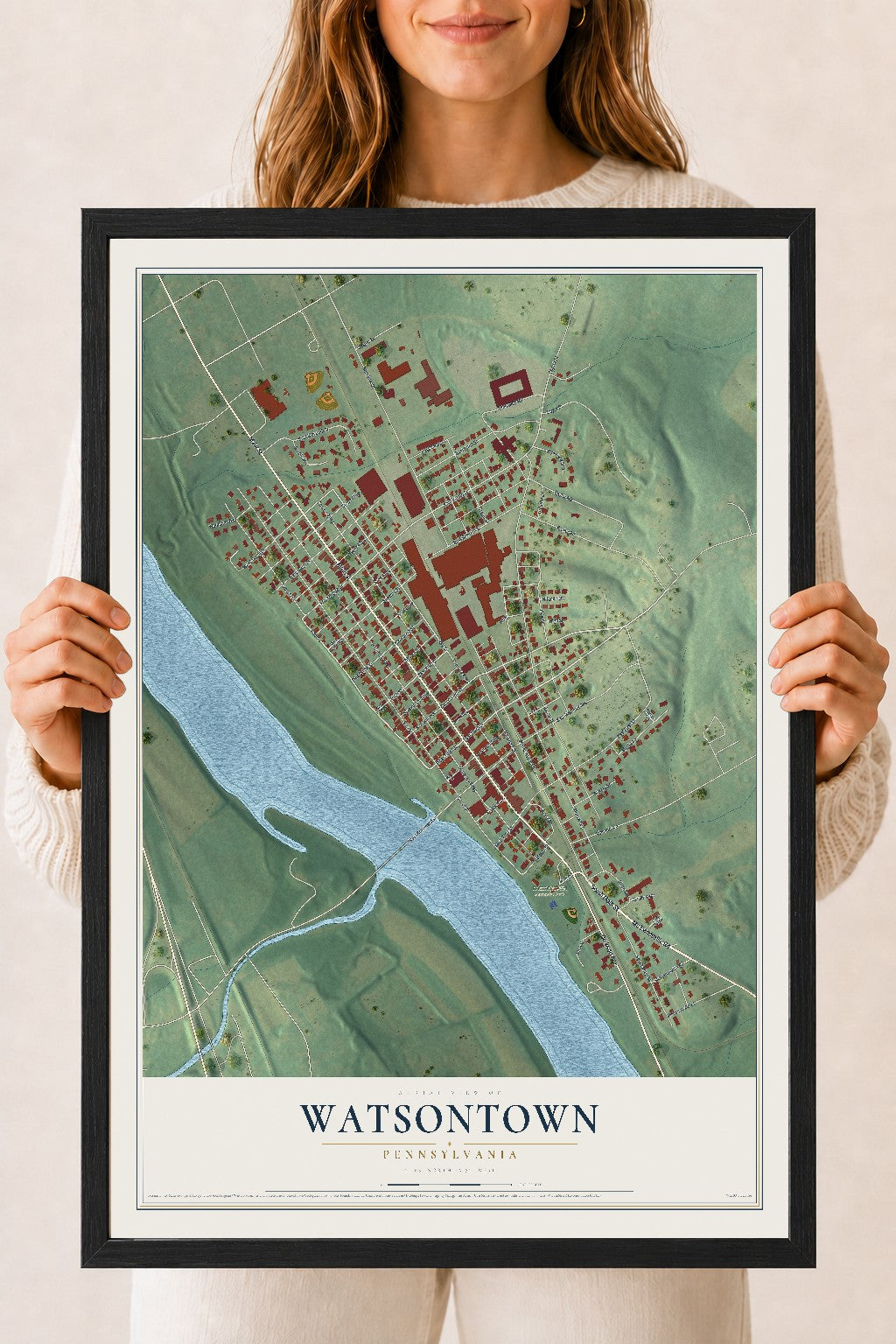 Map of Watsontown, Pennsylvania, 18 x 24 inch print in a black wood frame