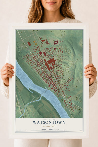 Map of Watsontown, Pennsylvania, 18 x 24 inch print in a white wood frame