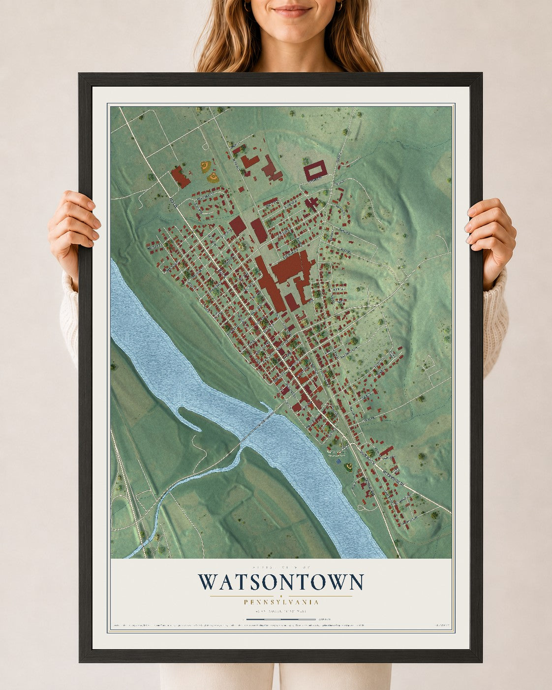 Map of Watsontown, Pennsylvania, 24 x 36 inch print in a black wood frame