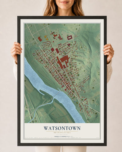 Map of Watsontown, Pennsylvania, 24 x 36 inch print in a black wood frame