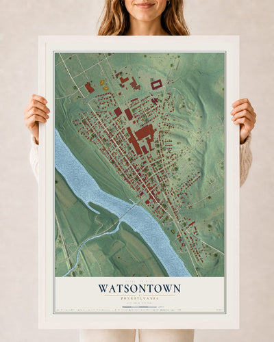 Map of Watsontown, Pennsylvania, 24 x 36 inch print in a white wood frame