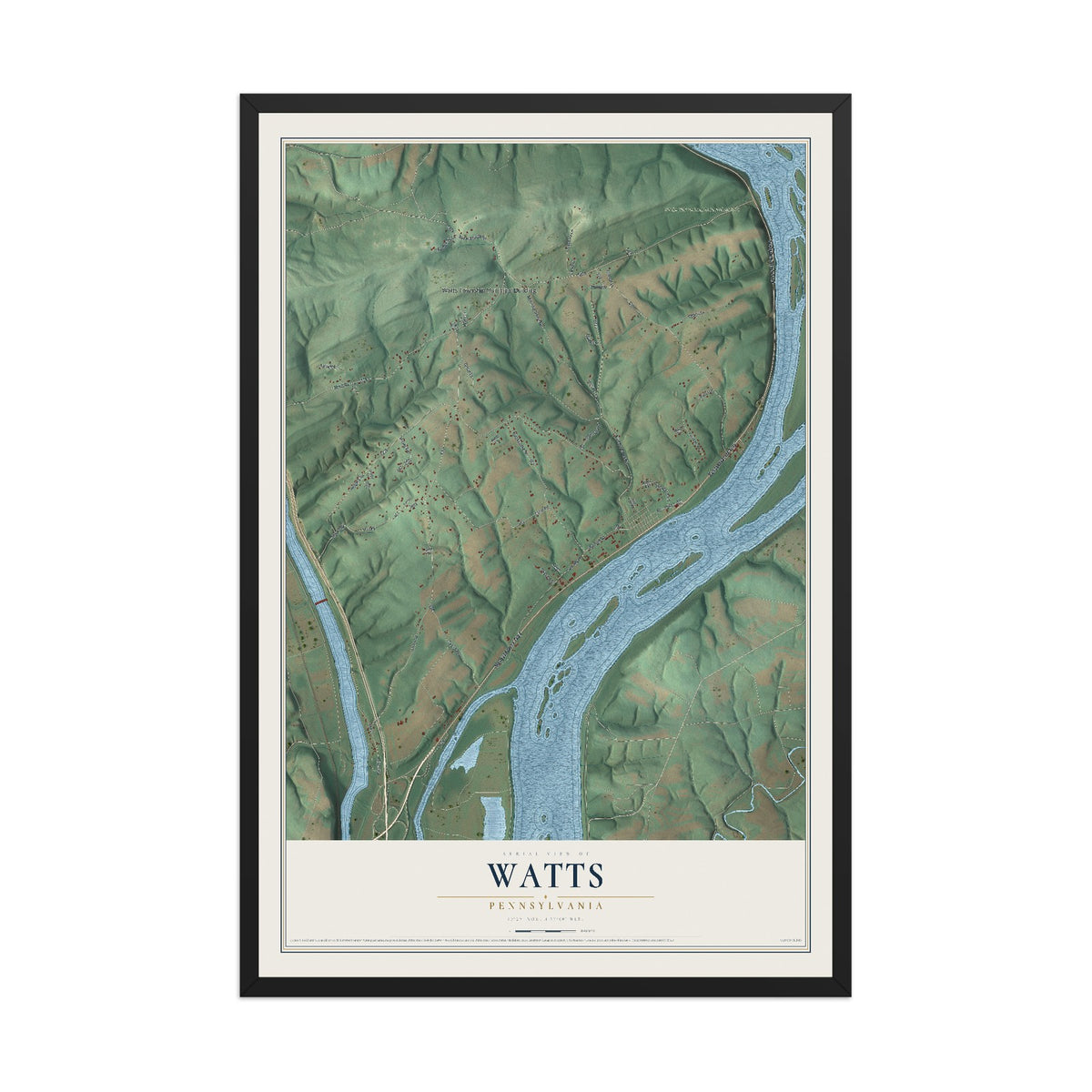 Map of Watts, Pennsylvania, 12 x 18 inch print in a black wood frame