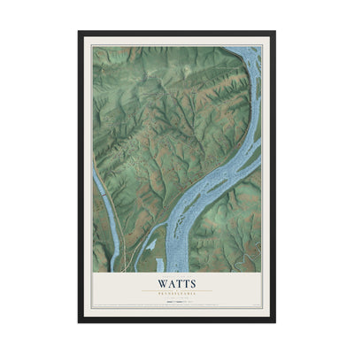 Map of Watts, Pennsylvania, 12 x 18 inch print in a black wood frame
