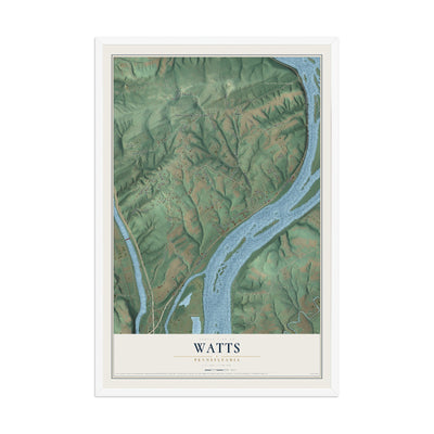 Map of Watts, Pennsylvania, 12 x 18 inch print in a white wood frame