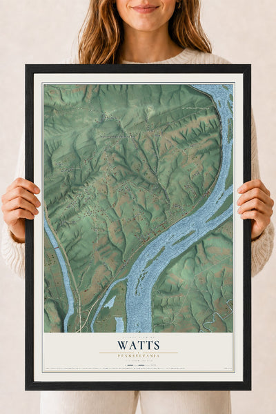 Map of Watts, Pennsylvania, 18 x 24 inch print in a black wood frame