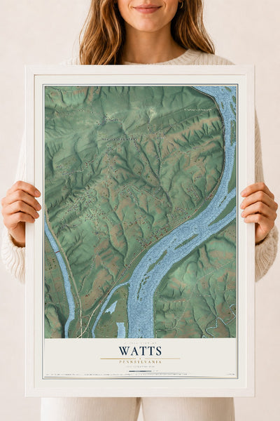 Map of Watts, Pennsylvania, 18 x 24 inch print in a white wood frame