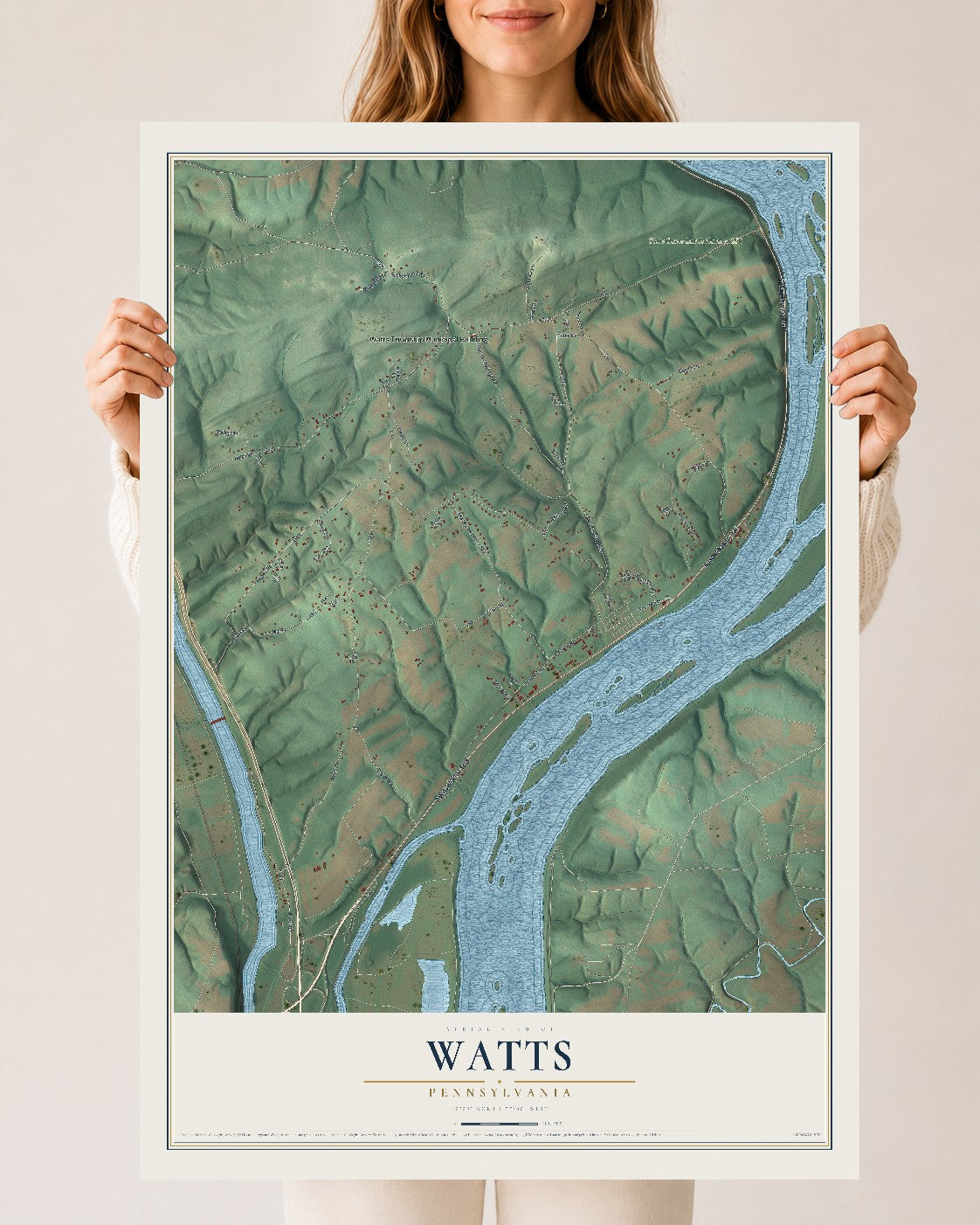 Map of Watts, Pennsylvania, 24 x 36 inch unframed archival matte print