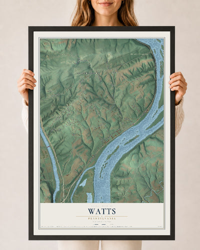 Map of Watts, Pennsylvania, 24 x 36 inch print in a black wood frame