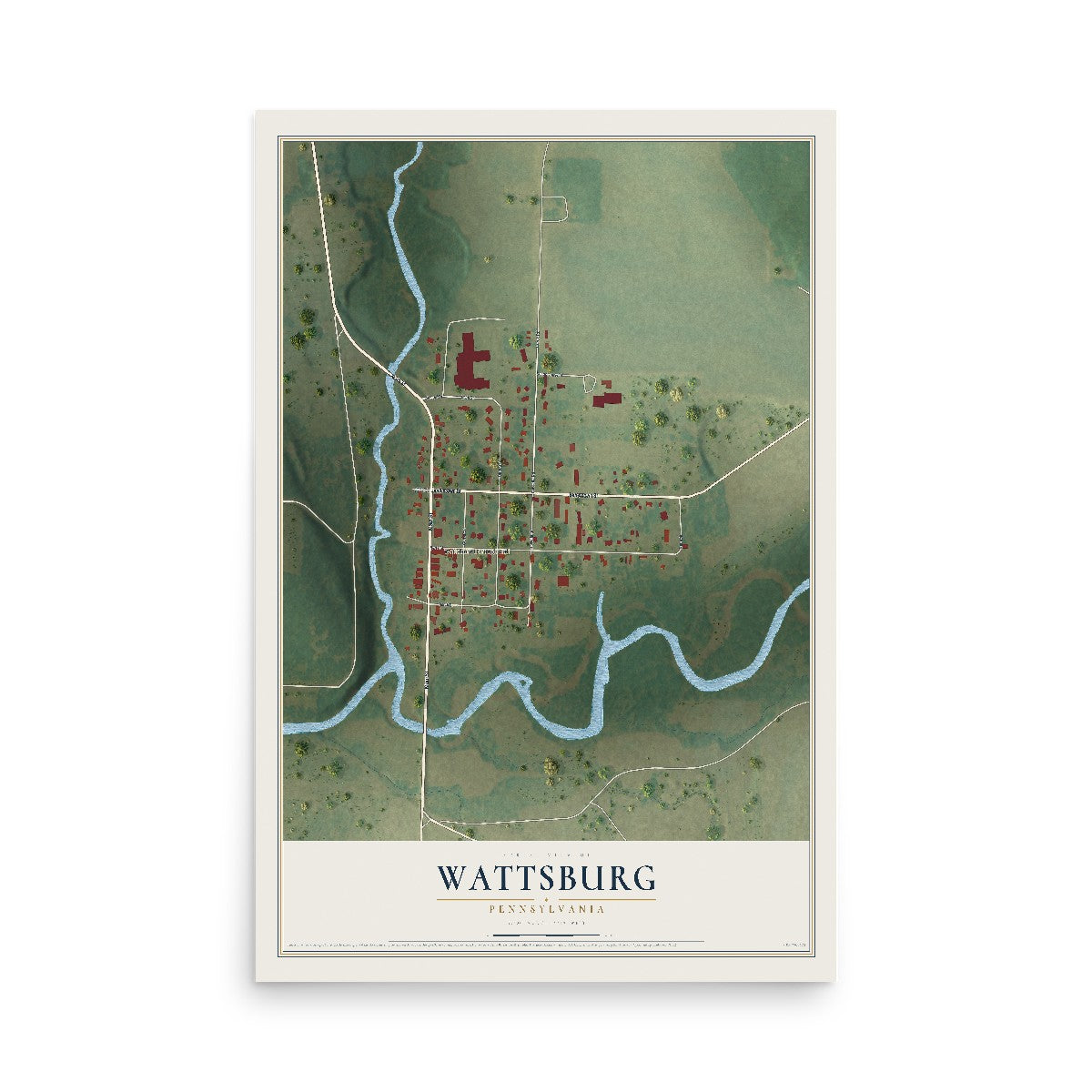 Map of Wattsburg, Pennsylvania, 12 x 18 inch unframed archival matte print
