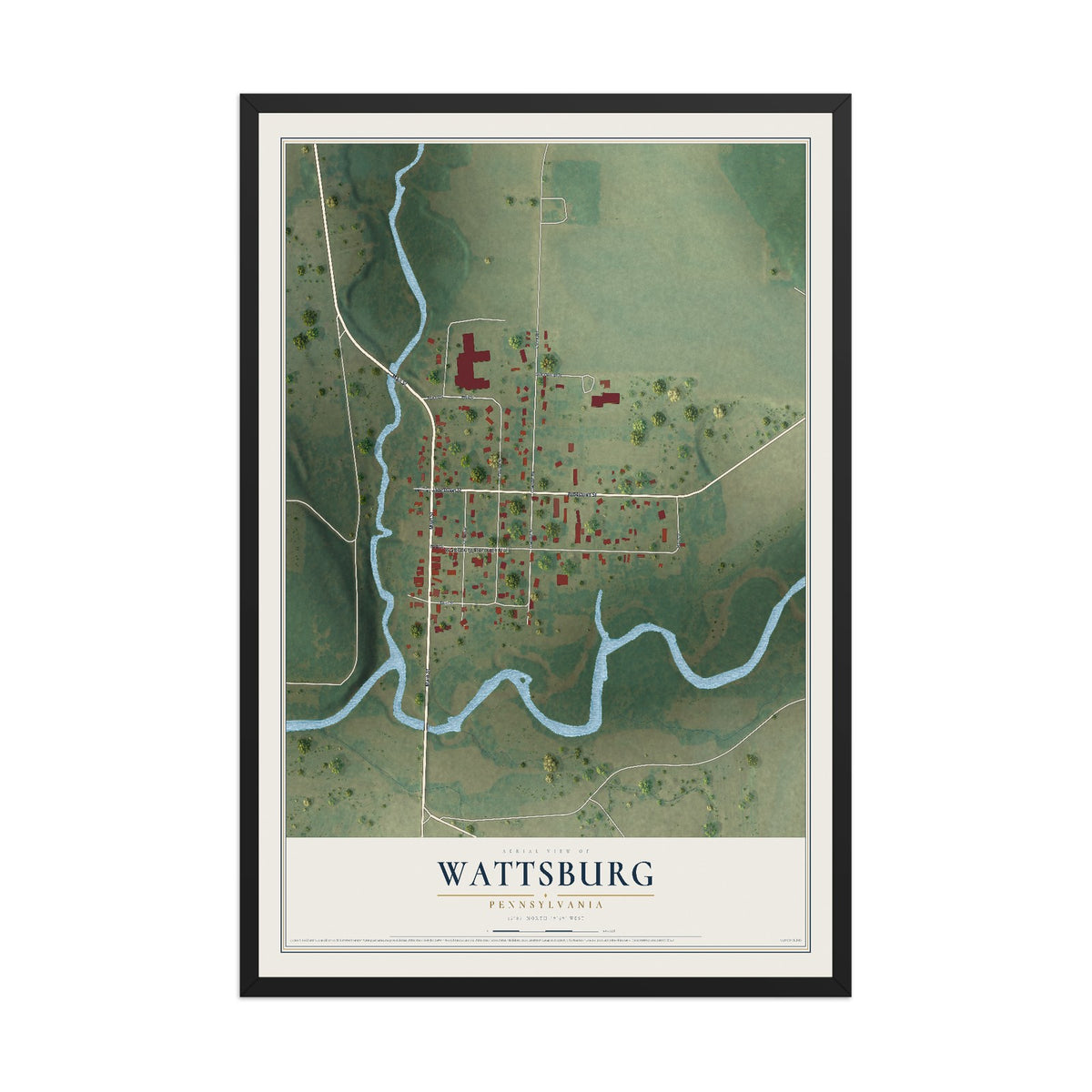 Map of Wattsburg, Pennsylvania, 12 x 18 inch print in a black wood frame