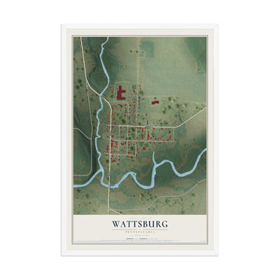 Map of Wattsburg, Pennsylvania, 12 x 18 inch print in a white wood frame