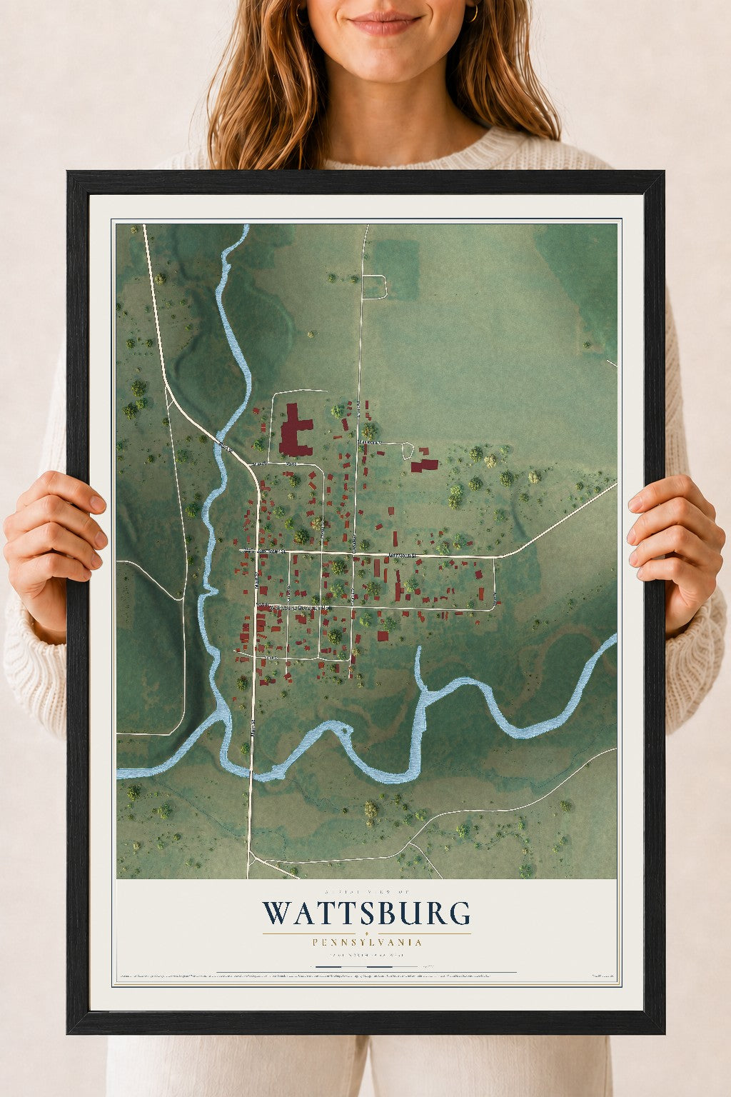 Map of Wattsburg, Pennsylvania, 18 x 24 inch print in a black wood frame