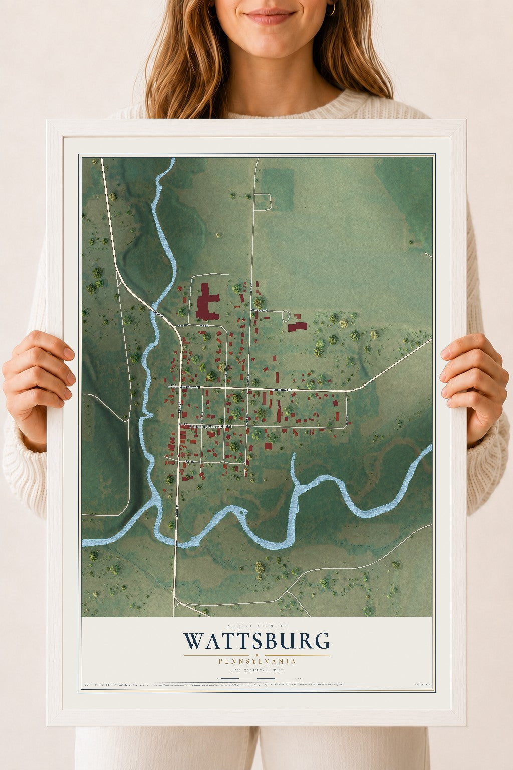 Map of Wattsburg, Pennsylvania, 18 x 24 inch print in a white wood frame